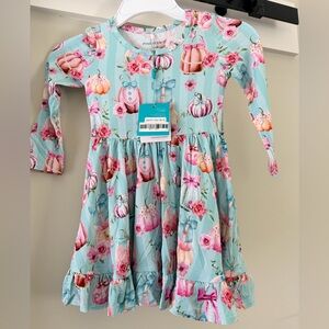 Posh Peanut Aqua Floral and Pumpkin Dress Edie long sleeve ruffled twirl